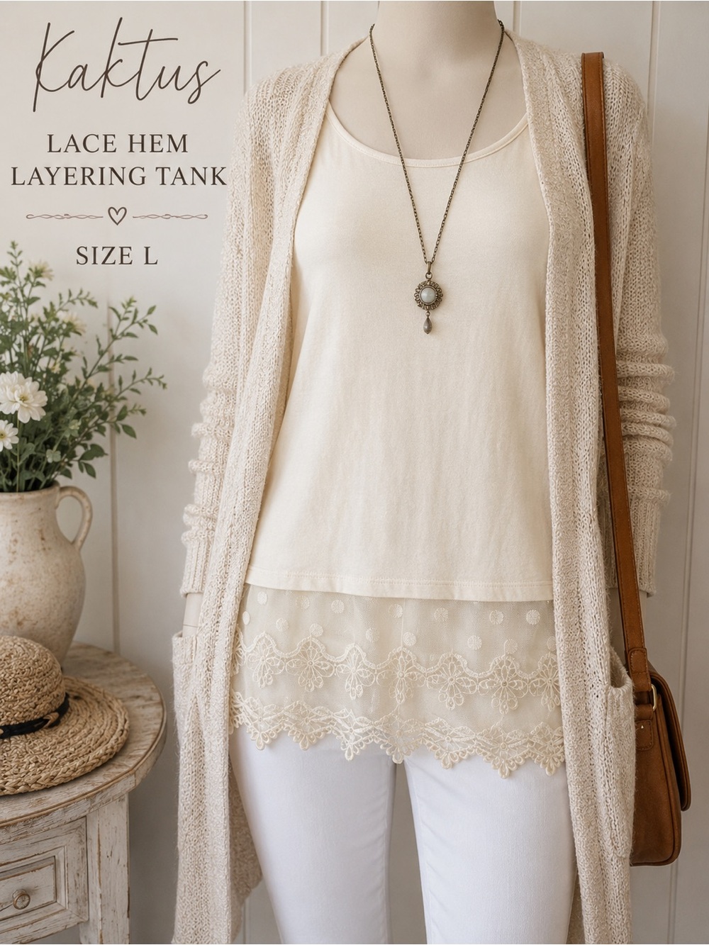 Kaktus Cream Lace Hem Layering Tank Top Size L